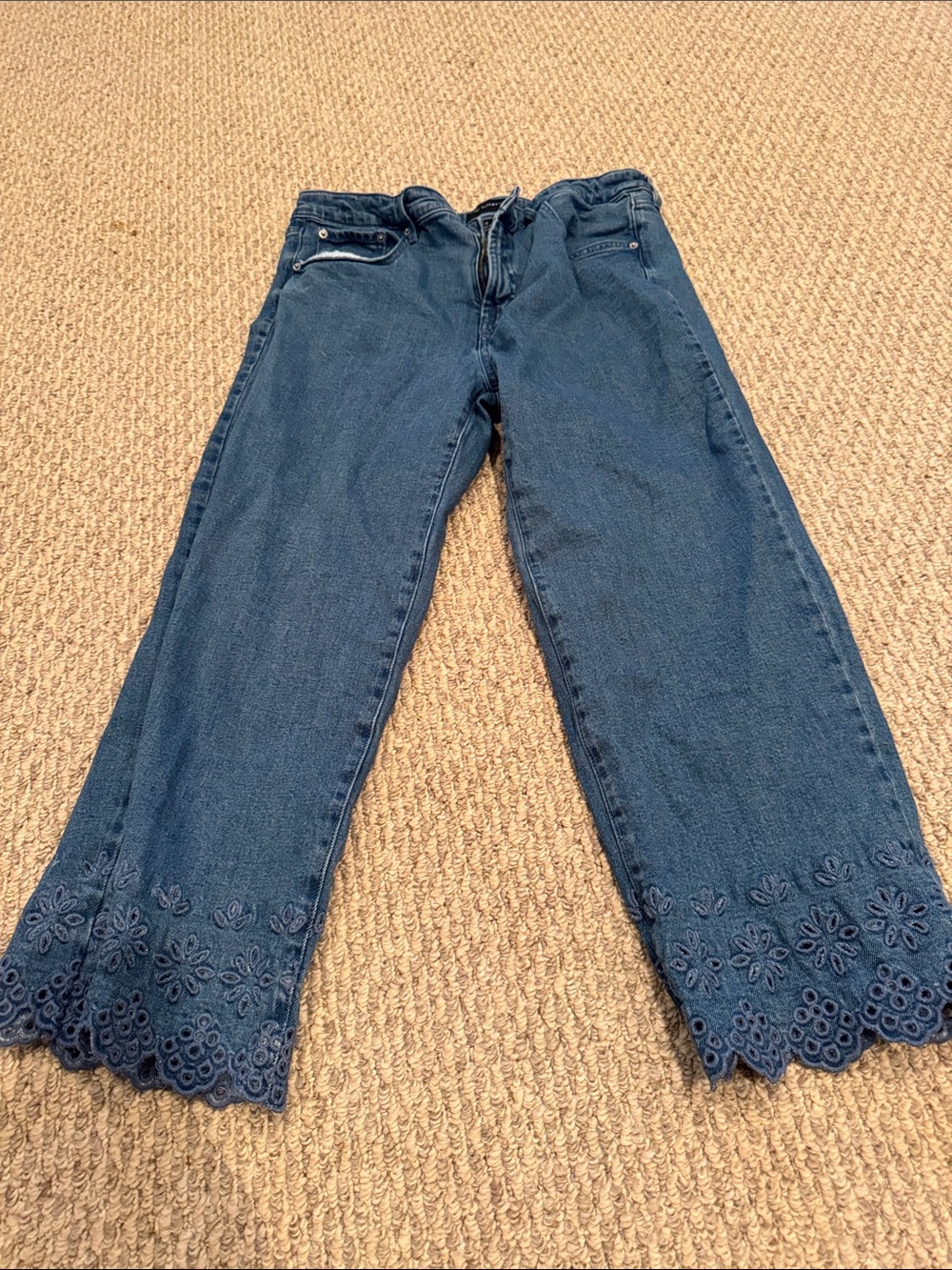 Embroidered Hem Wide Leg Jeans - Blue